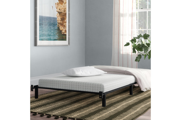 Low profile twin bed store frame with headboard